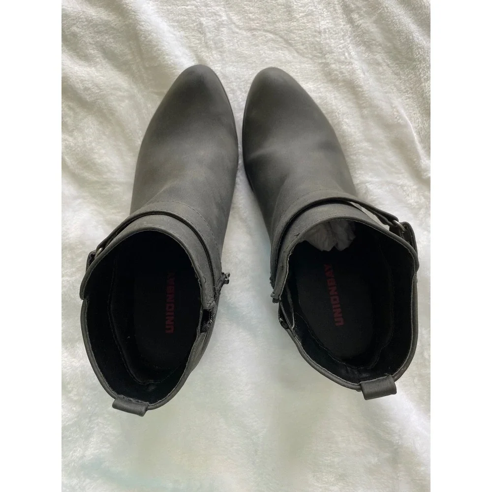 Unionbay Tilly Grey Ankle Boots Studded Harness Strap Block Heel Booties 6.5M